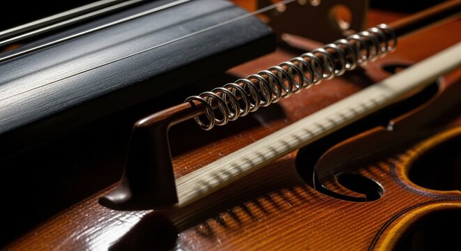 Close-up of a classical violin with its bow, highlighting the intricate details and rich wooden texture under dramatic - Powered by Adobe
