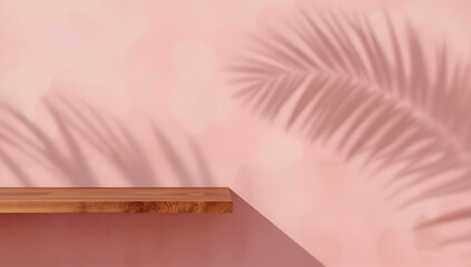 Wooden Shelf Against Pink Wall with Palm Leaf Shadow Product Display