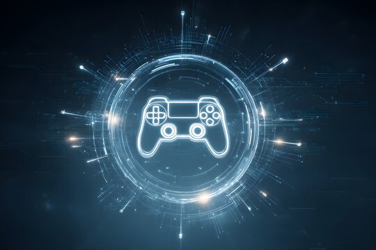 Abstract digital art of a game controller icon surrounded by glowing lines and futuristic technological elements, 