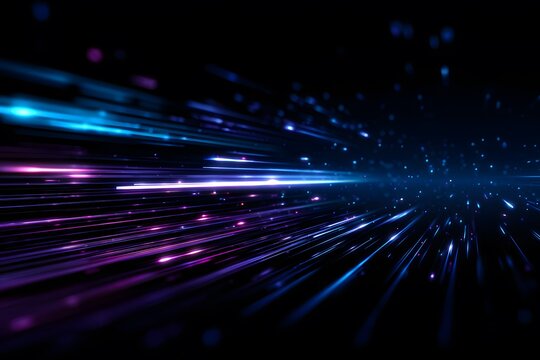 Abstract neon light background with blue and purple glowing lines on a black, gradient background