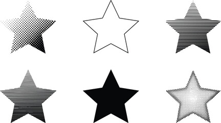 Star shape fill pattern set, graphic design variation icons, halftone and line textures, black and white vector, decorative symbol pack, abstract elements