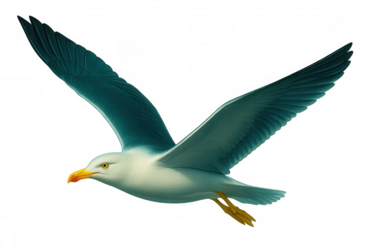 Seagull soaring with wings spread wide, displaying intricate plumage against luminous sky background, highlighting avian grace and freedom
