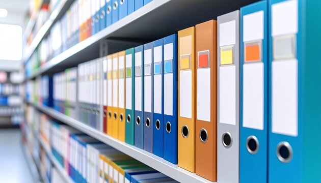 Row of medical chart and folder with colorful label organized on shelves, representing patient record, hospital documentation, and healthcare data storage.