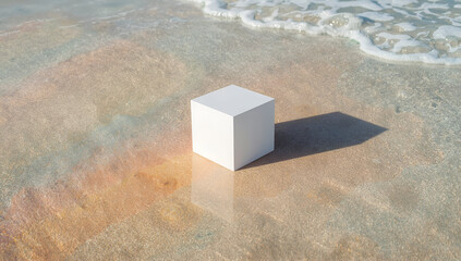 White Cube Standing on a Beach with Gentle Waves Approaching