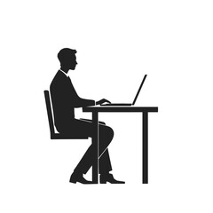 A silhouette of a businessman sitting at a desk and typing on his laptop computer