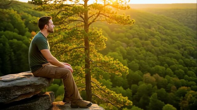 A young Caucasian man sits on a stone ledge, admiring the green wooded mountains at sunset, surrounded by golden light. The concept of solitude and inspiration in nature