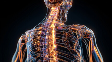 Human skeleton glowing in bright colors, showing detailed bones with futuristic artistic style and anatomical accuracy, generative ai illustration.