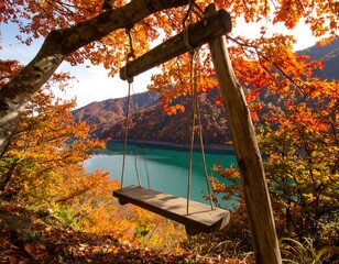 Autumnal swing overlooking a serene lake