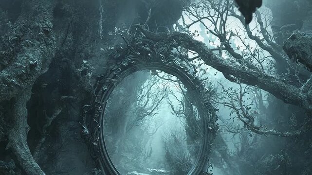 Oval mirror reflecting path in spooky forest with fog and trees
