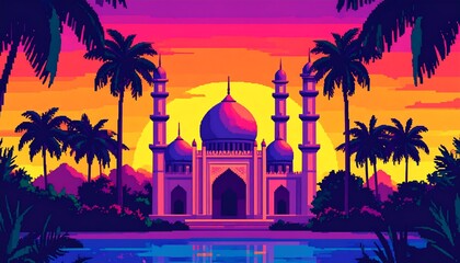 Pixel art mosque at sunset, vibrant colors, tropical setting