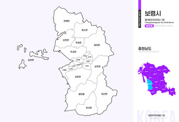Obraz premium 충청남도 보령시 법정동 윤곽선 지도