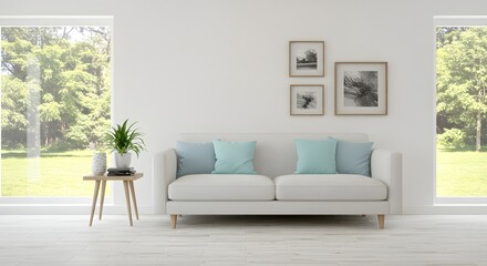 Modern Living Room Interior with Sofa, Windows, and Decorative Elements