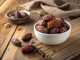 White ceramic bowl filled with dried dates on wooden table