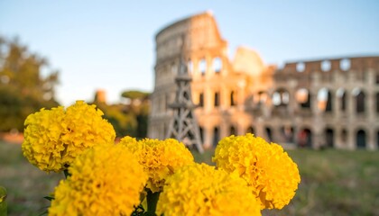 Obraz premium Yellow marigolds in front of Colosseum