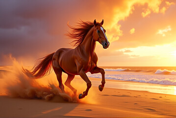 Chestnut Andalusian horse galloping powerfully across coastal sand dunes at sunset, embodying freedom and strength in nature's beauty for equestrian art or wildlife appreciation