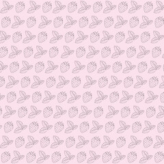 Seamless pattern of strawberries and leaves in simple line art style, black outline illustration on white background, minimal fruit design for textile, wallpaper, and packaging.