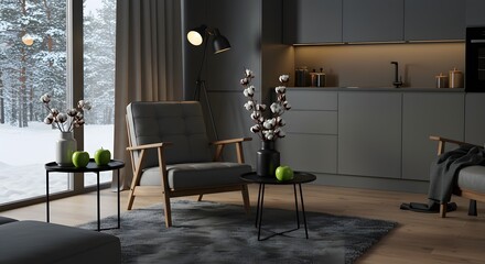 Modern Living Room Interior with Winter View and Minimalist Decor