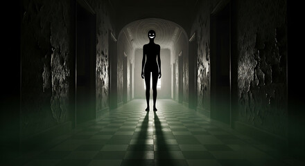 Silhouette of a smiling figure in a dark, distressed hallway