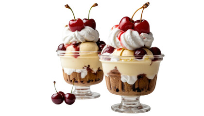 Cherry Delight Sundaes: Two decadent ice cream sundaes are beautifully presented in elegant glass, overflowing with luscious vanilla ice cream, rich chocolate, sweet whipped cream.