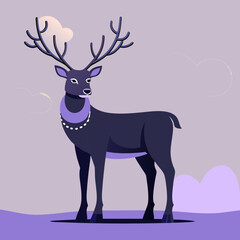 Christmas reindeer figurine. Stylized purple deer standing in a whimsical landscape with clouds  