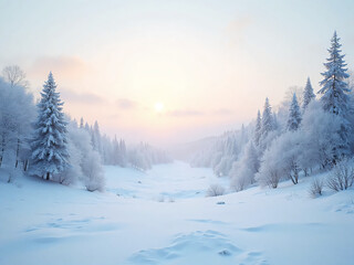 Naklejka premium “Ultra-HD wide shot of a snowy valley at dawn, soft pink and blue skies, detailed frost on trees, calm untouched realism, cinematic color tones.”