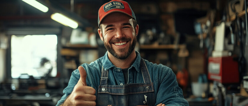 A smiling craftsman in a work apron and cap gives a thumbs up — suitable for content about crafts and a positive work ethic.