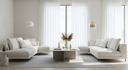 Fototapeta premium Modern Minimalist Living Room Interior Design with White Furniture