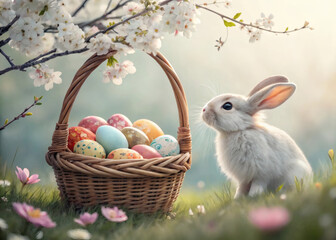 Easter bunny sitting with basket full of colorful eggs, soft natural lighting and detailed textures,