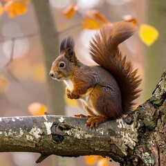 Red squirrel on autumn branch