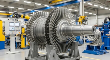 Precisely engineered turbine rotor assembly, gleaming metallic finish, displayed in a modern industrial setting. A testament to precision manufacturing and technological advancement.