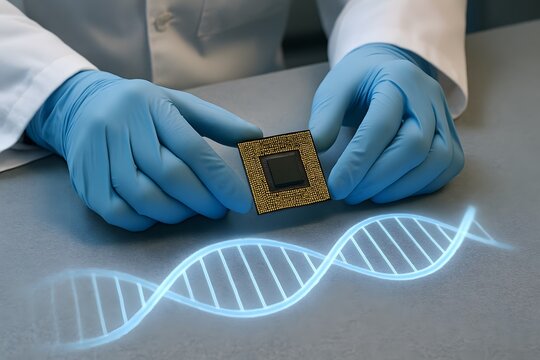An scientist in a lab is holding a computer chip next to a DNA strand. 