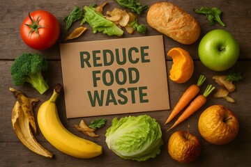 Reduce Food Waste concept shown with food items. 