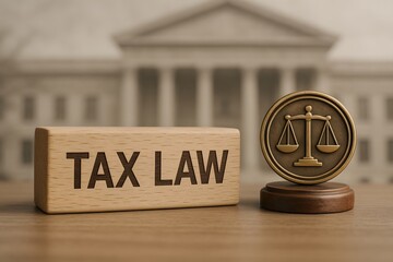 Image depicting tax law and legal symbols. 