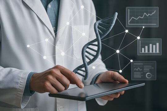 A doctor examines a digital DNA strand model on a tablet. 