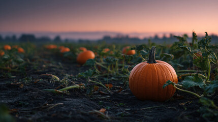 A pumpkin patch at dusk with pumpkins scattered across the field under a colorful evening sky glow