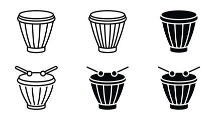 Six Djembe Drum vector Icons: Line Art, Solid Black, and White Variations;  Musical Instrument Graphics for Website, App, or Print Design.