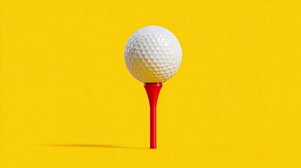 Golf Ball on Red Tee Against Bright Yellow Background