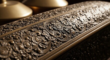 Close-up of Exquisite Ornate Metalwork with Intricate Floral and Scroll Patterns on an Antique Decorative Object
