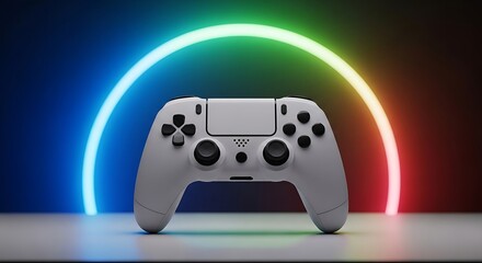 White gamepad rests on a table in front of a neon rainbow arch, showcasing modern gaming technology with a futuristic and vibrant atmosphere.