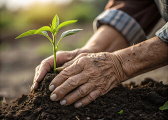 Elderly hands gently planting a small green seedling in soil