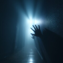 Eerie silhouette of hands reaching towards glowing light in a dark, foggy passage