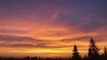 Naklejka premium Vibrant orange and purple sunset illuminating clouds over pine trees