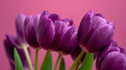 Obraz premium A close up shot of a bouquet of purple tulips with green stems against a solid pink background wall