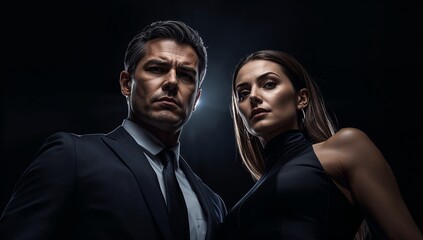 Confident Business Man and Woman in Formal Attire with Serious Expression