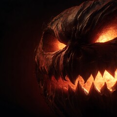Menacing Jack-o'-Lantern with Glowing Eyes and Sharp Teeth in Dark, Spooky Halloween Night