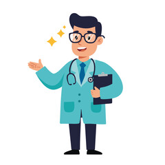 Fototapeta premium Doctor with glasses holding clipboard and gesturing flat vector