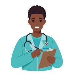 Fototapeta premium Young bkack doctor pointing at clipboard with pen flat vector design