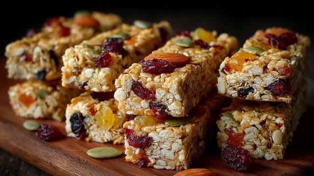 Nutritious Granola Bars with Fruits and Nuts on Wooden Board