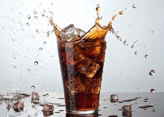Refreshing cola with ice cubes splashing in mid-air, droplets frozen in motion