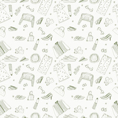Ink drawn vector seamless repeat pattern in expressive freeform style. Woman fashion , dress , bag, shoes , sweater , shirt , accessories 